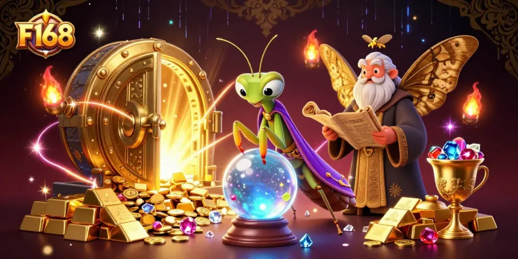 Experience thrilling gameplay at F168 with our vibrant casino scene depicting fortune tellers and treasures.