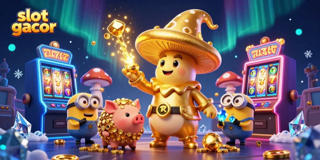 Mainkan slot gacor dengan makhluk ajaib dan simbol perjudian berkilauan dalam ilustrasi 3D yang memukau.