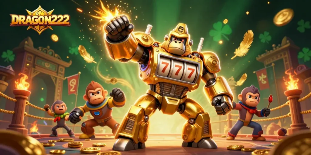 Experience thrilling spins with DRAGON222's golden gorilla mech in an explosive slot scene.