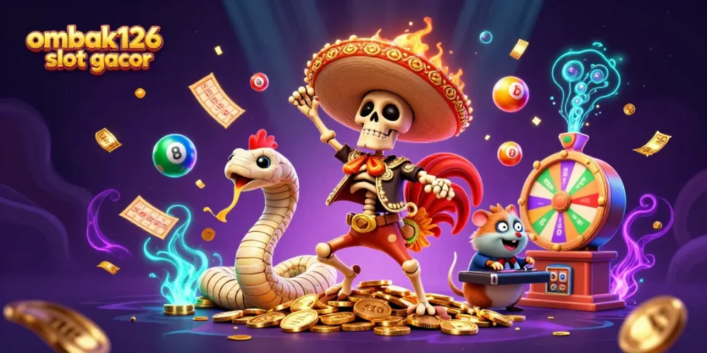 Experience the excitement of ombak126 slot gacor with a lively dance of characters amidst vibrant casino elements.