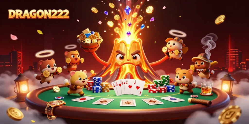 Engage with DRAGON222's thrilling volcano of treasures and poker action in a vibrant casino scene.