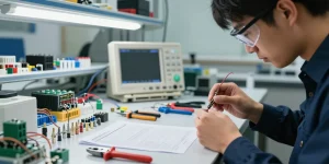 Technician assembling wire crimp connectors with precision tools in an electronic workspace