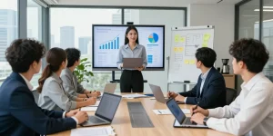 Business team collaborating on 24/7 Clones strategy in modern office