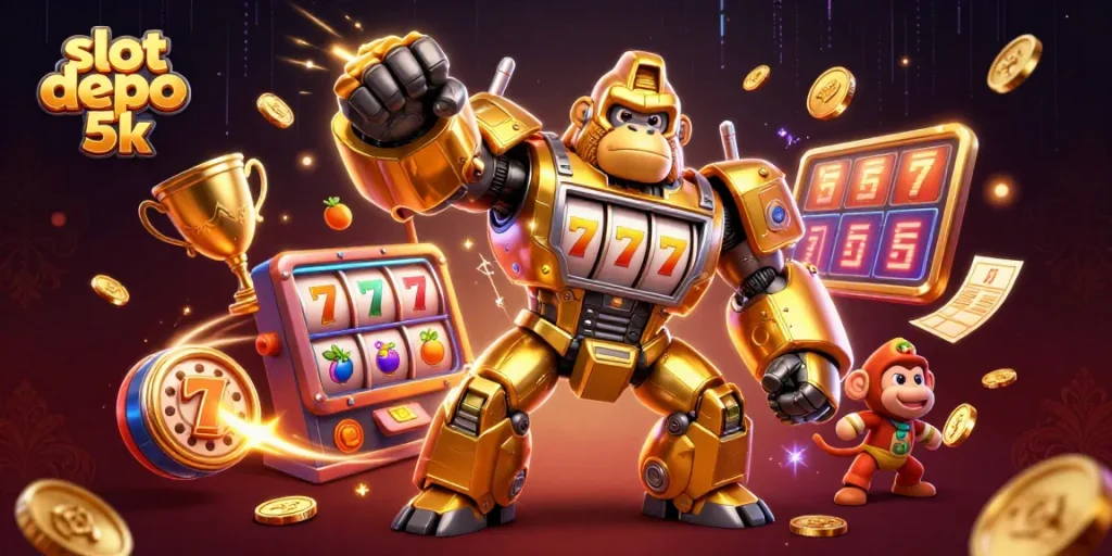 Engage in thrilling gameplay with slot depo 5k featuring a transformer-style gorilla mech amidst dynamic slot elements.