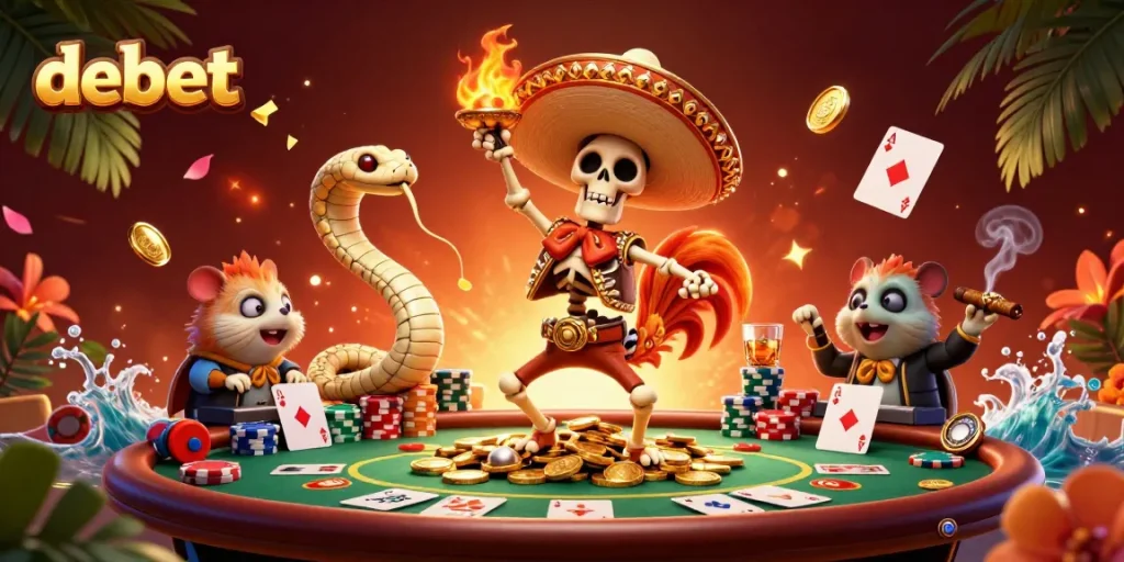 Witness debet's thrilling casino victory dance with vibrant characters amidst dynamic poker elements.
