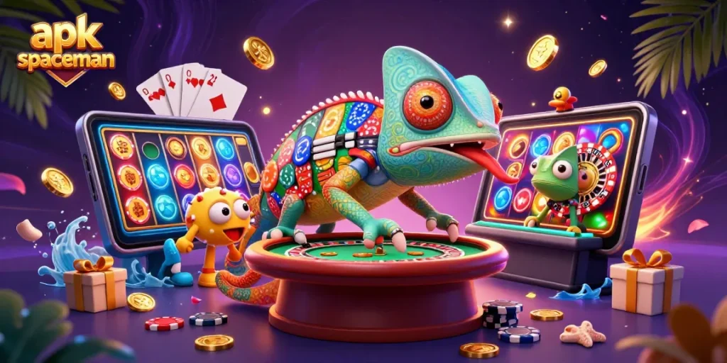 Engage with apk spaceman's exciting slot games illustrated in a vibrant casino scene.