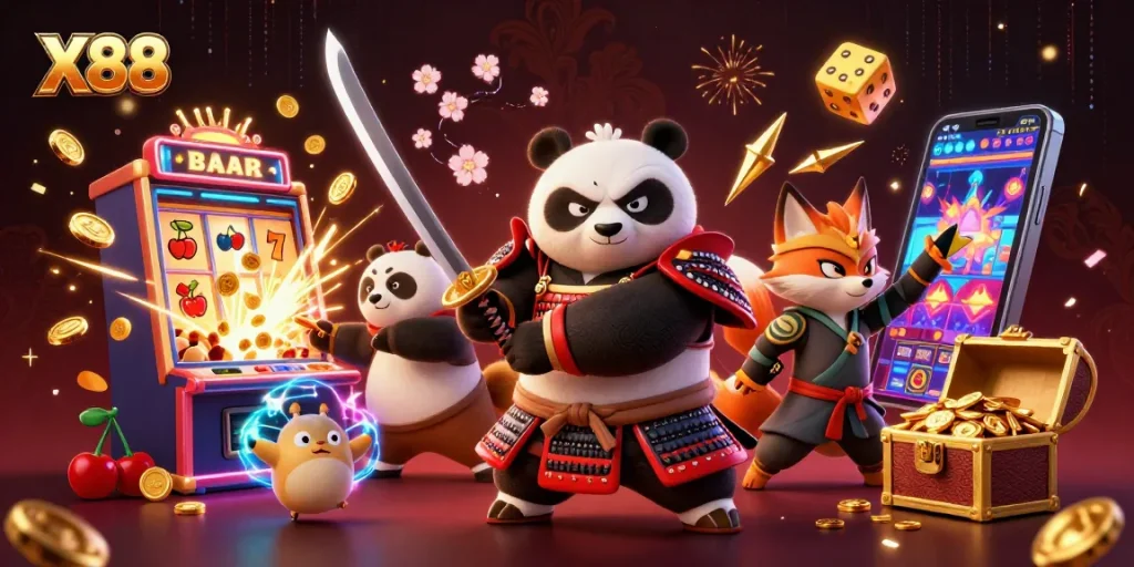 X88 players master thrilling casino adventures with a samurai panda in a vibrant, action-packed illustration.