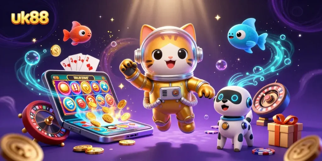 Engage in thrilling gameplay with a vivid 3D scene showcasing uk88's immersive casino universe.